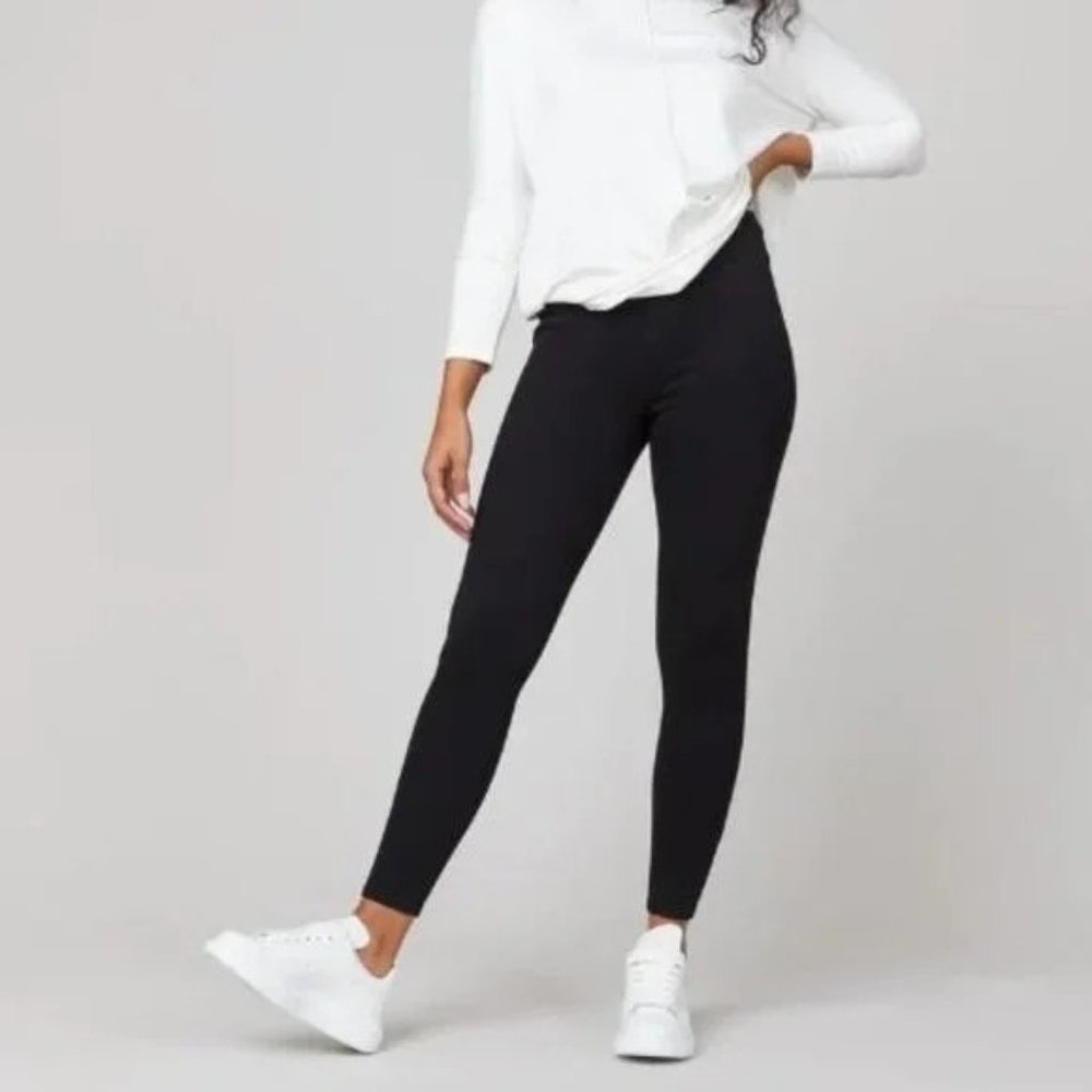 Spanx Jean-ish Ankle Leggings Black Ponte Knit Pull On Skinny Leg Size XL